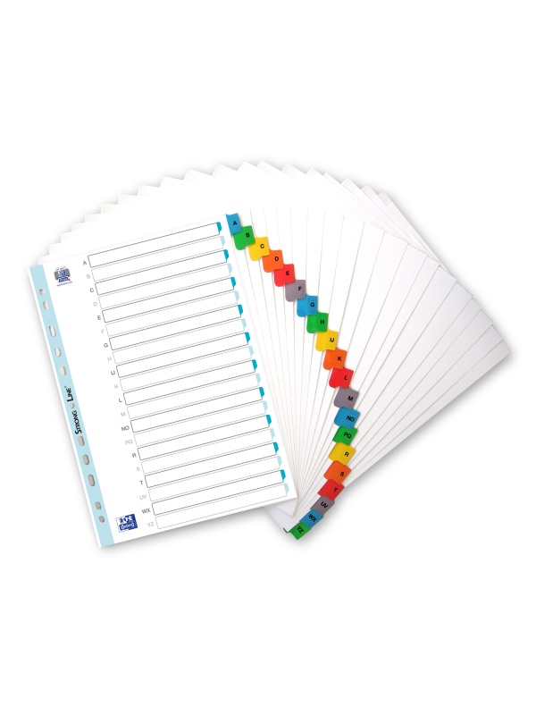 INDEX CARTON ALFABETIC OXFORD A4 A-Z, 20 FILE/SET, 170G/MP, 11 PERFORATII PENTRU INDOSARIERE, INCLUDE CUPRINS, CULOARE ALB CU MARGINE COLOR