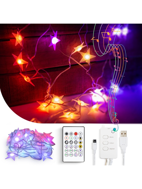 Lumină inteligentă șir - stea - USB - 25 LED-uri RGB - 5 m - Bluetooth