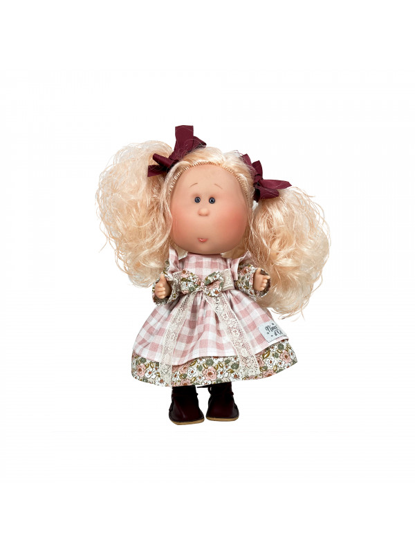 Papusa Nines D'Onil, Mia, cu parul blond si funde rosii, cu articulatii, cu miros de vanilie, 30 cm