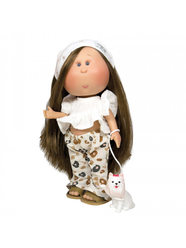 Papusa Nines D'Onil, Mia, cu parul saten drept, cu catel, cu articulatii, cu miros de vanilie, 30 cm