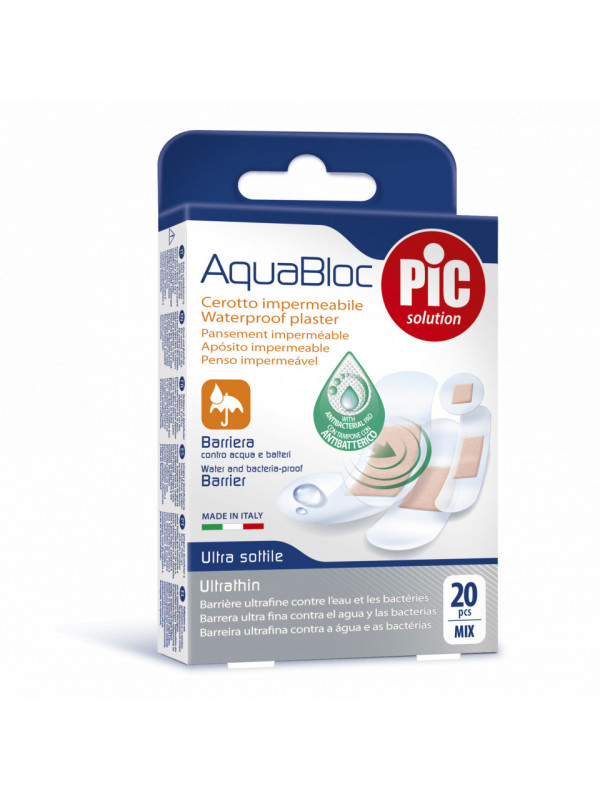 Plasturi rezistenti la apa PIC SOLUTION AQUABLOC mix 4 dimensiuni cu solutie antibacteriana 20buc/cut
