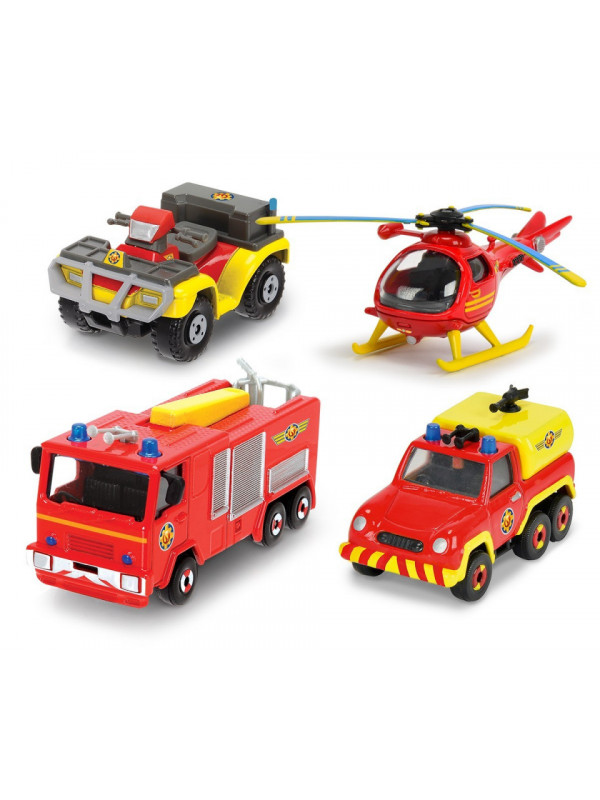 Pompierul sam set 4 vehicule din metal cu elicopter scara 1:64