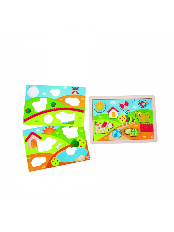Puzzle din lemn 3 in 1 - Pepe si prietenii