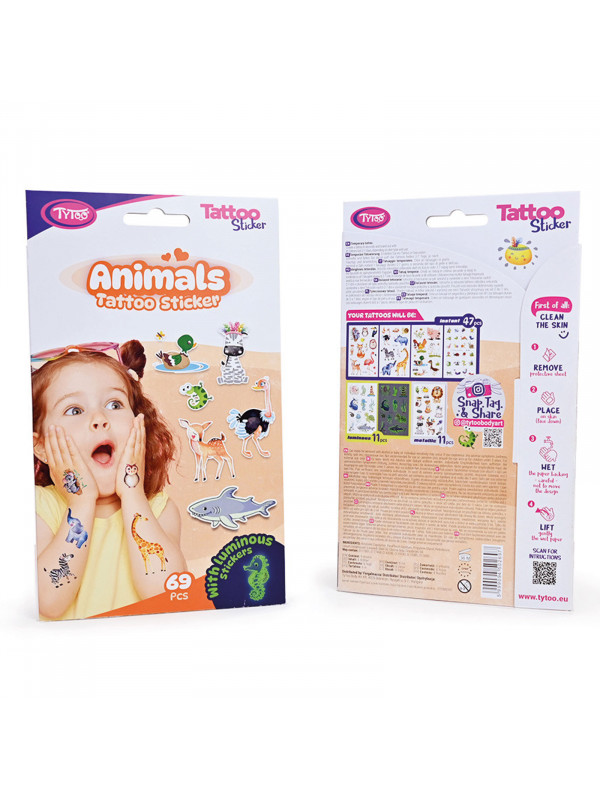 Set autocolante pentru tatuaje cu animale - 69 buc/pachet