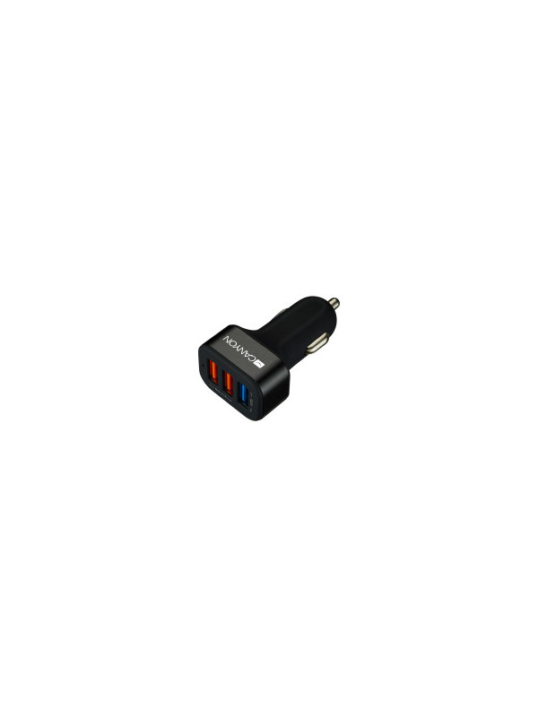 CANYON C-07 Universal 3xUSB car adapter(1 USB with Quick Charger QC3.0), Input 12-24V, Output USB/5V-2.1A+QC3.0/5V-2.4A&9V-2A&12V-1.5A, with Smart IC, black rubber coating+black metal ring+QC3.0 port with blue/other ports in orange, 66*35.2*25.1mm, 0.025