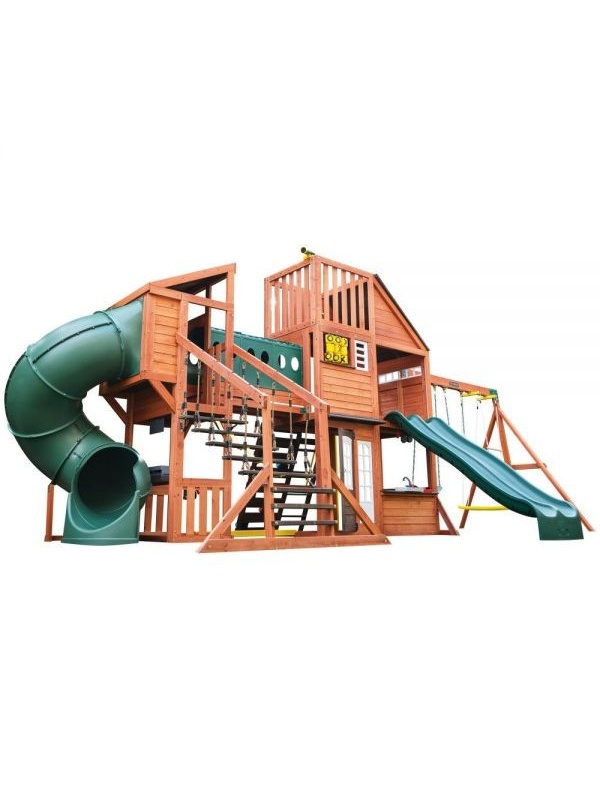 Complex de joaca din lemn Odyssey cu 3 tobogane si leagane 2 in 1 Kidkraft