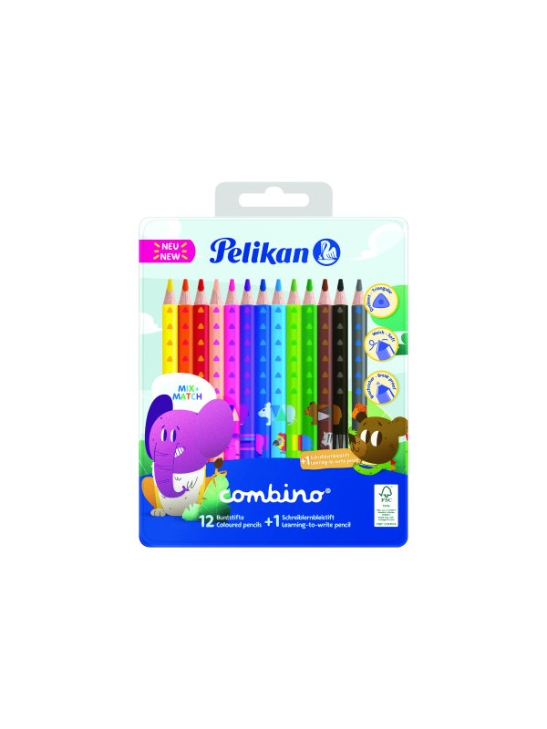 Creioane color combino, set 12 culori + 1 creion grafit invata sa scrii, cutie de metal