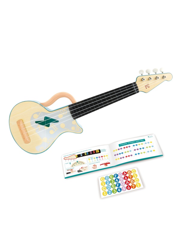 Jucarie din lemn – Instrument Ukulele (chitara) alba – invata sa canti cu lumini
