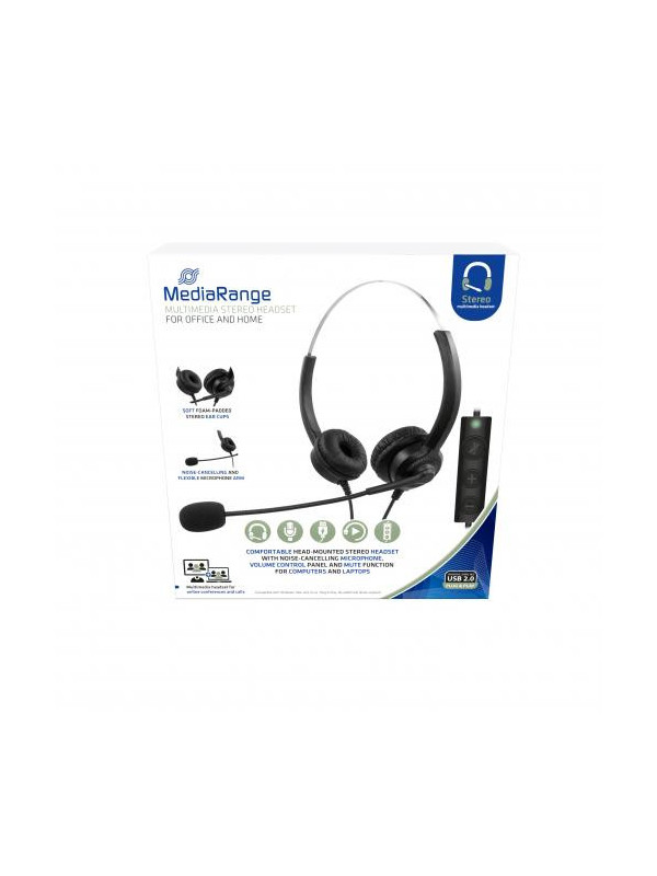 MediaRange Corded stereo headset with microphone and control panel, black