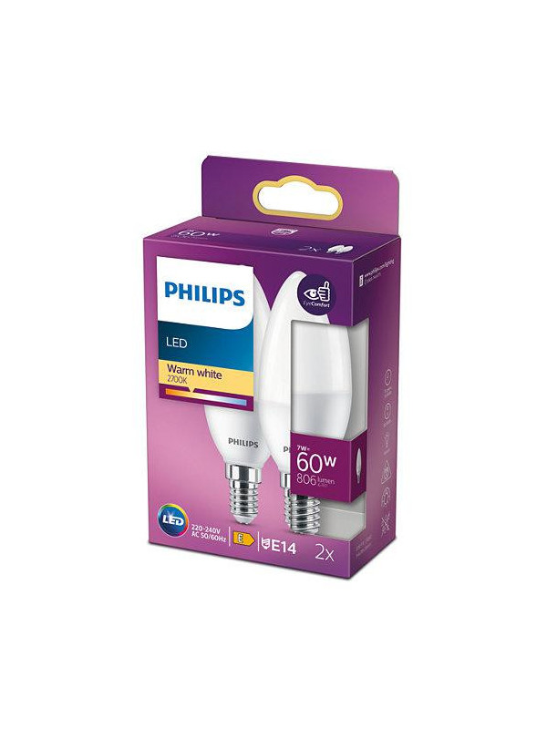 Pachet 2 becuri LED Philips B38, E14, 7W