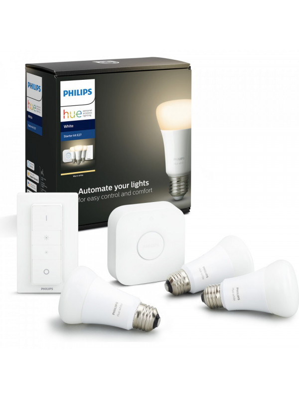 Pachet 3 becuri inteligente LED Philips Hue Starter, Bluetooth/Wireless, E27, 9W (60W), 806 lm, lumina alba + Bridge si Variator