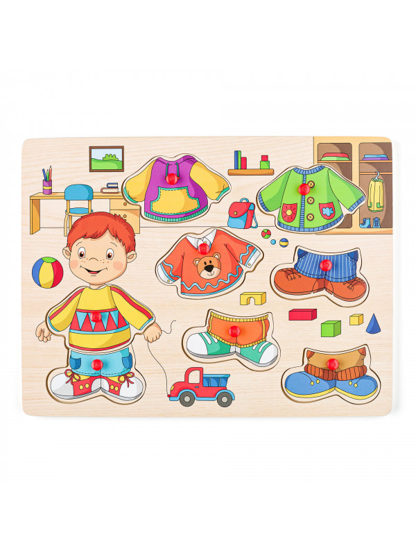 Puzzle din lemn cu butoni - Imbraca-l pe Sebastian