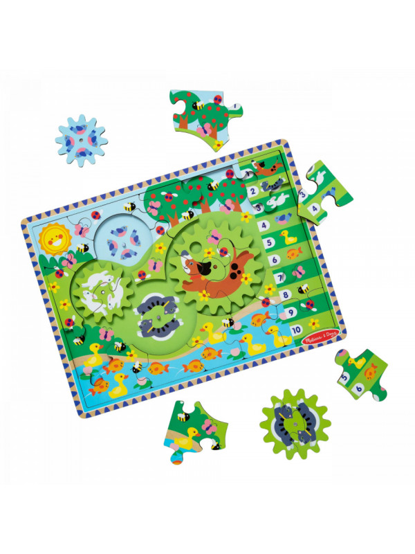 Puzzle din lemn cu rotite dintate pentru invatarea numararii prin joaca Animale vesele