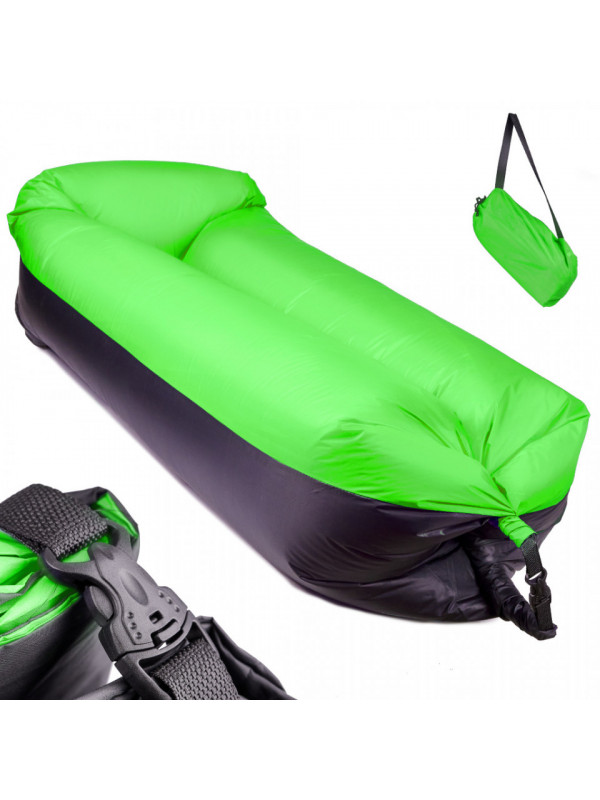 Saltea Autogonflabila "Lazy Bag" tip sezlong, 185 x 70cm, culoare Negru-Verde, pentru camping, plaja sau piscina
