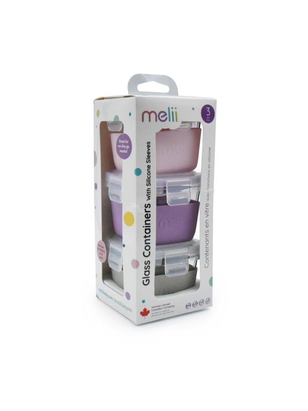 SET 3 RECIPIENTE STICLA 3 160ML CU HUSA ANTIDERAPANTA SILICON MELII ROZ MOV GRI