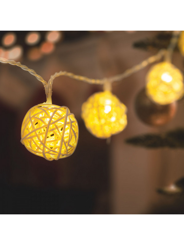 Șir de lumină cu LED - bile de ratan - 1,35 m - alb cald - 2 x AA