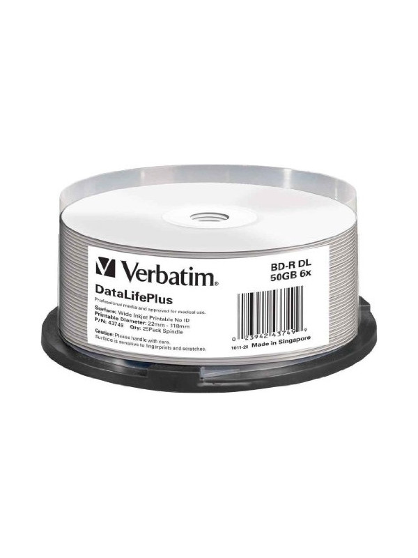 BD-R VERBATIM 50GB, viteza 6x, 25 buc, Double Layer, spindle, printabil, "Wide Inkjet Printable" "43749"