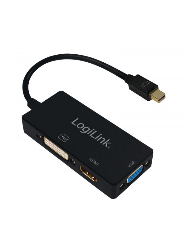 CABLU video LOGILINK, splitter Mini-DisplayPort (T) la HDMI (M) + DVI-I DL (M) + VGA (M), 10cm, rezolutie maxima 4K UHD (3840 x 2160) la 30 Hz, negru, "CV0110"