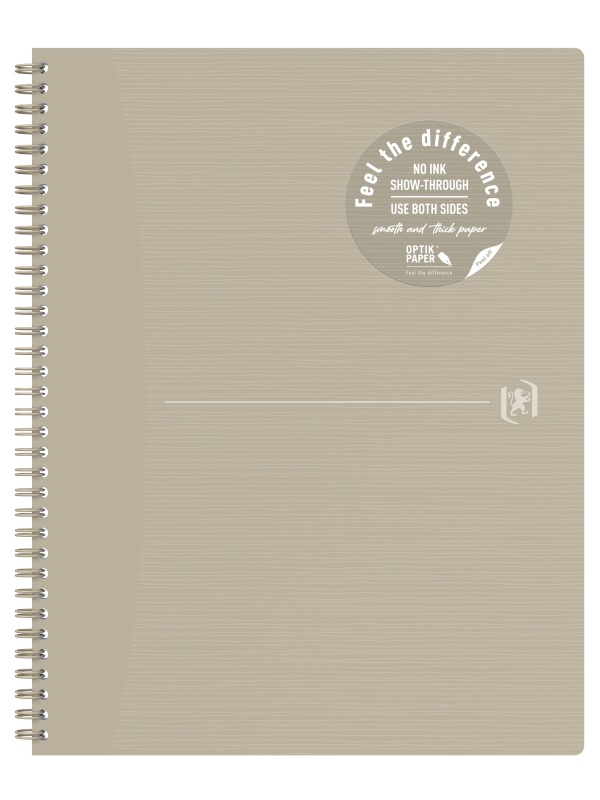 CAIET OXFORD ORIGINS, A4+ 70 FILE, HARTIE OPTIK 90G/MP, SPIRA DUBLA, SCRIBZEE, ECOLABEL, COPERTA PLASTIFIATA FLEXIBILA, MICROPERFORATII, MARGINI LINIATE, PAGINA INFO PERSONALE, DICTANDO, CULOARE BEJ