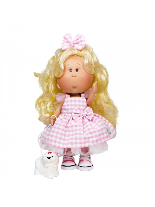 Papusa Nines D'Onil, Mia, cu parul blond, cu catel, cu articulatii, cu miros de vanilie, 30 cm