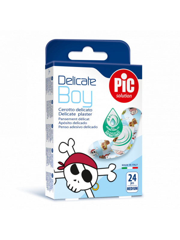 Plasturi piele sensibila PIC SOLUTION DELICATE BOY pentru copii 19x72mm cu solutie antibacteriana 24 buc/cut