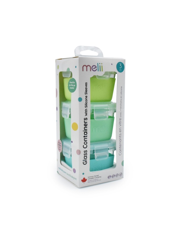 SET 3 RECIPIENTE STICLA 3 160ML CU HUSA ANTIDERAPANTA SILICON MELII BLUE MINT LIME