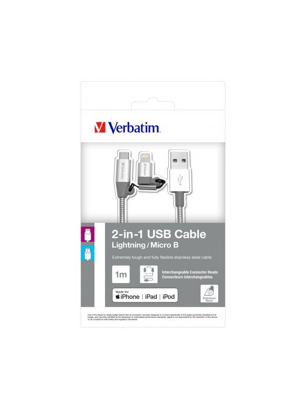 VERBATIM 2-in-1 Lightning/Micro B Stainless Steel 100 cm Slv