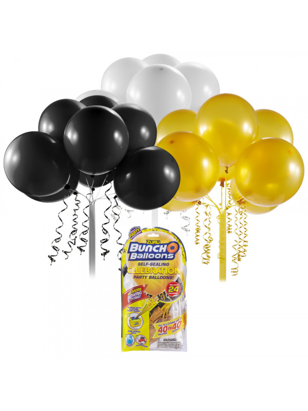 Bunch o Balloons - Set baloane de petrecere si rezerve, Negru, Auriu, Alb, 24 baloane