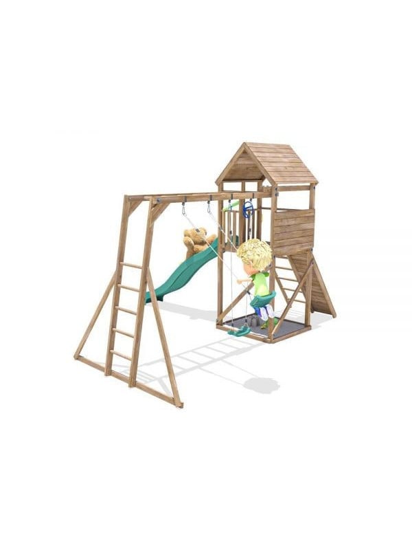 Complex de joaca FrontierFort Max cu Monkey Bars si 2 leagane, tobogan verde 2.9 m, Dunster House