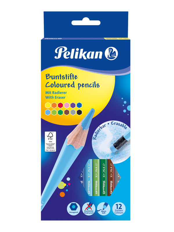 Creioane color lacuite cu radiera, set 12 culori, sectiune hexagonala