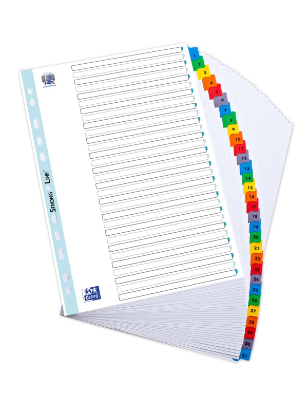 INDEX CARTON NUMERIC OXFORD A4 1-31, 20 FILE/SET, 170G/MP, 11 PERFORATII PENTRU INDOSARIERE, INCLUDE CUPRINS, CULOARE ALB CU MARGINE COLOR