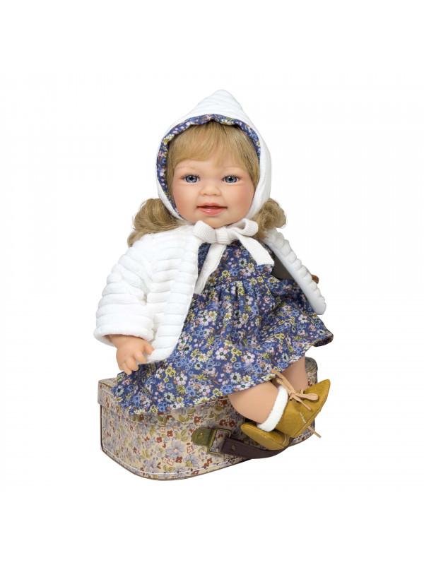Papusa Nines D'Onil, Little Susi, cu sunete, cu parul blond, cu palton alb, cu miros de vanilie, 40 cm