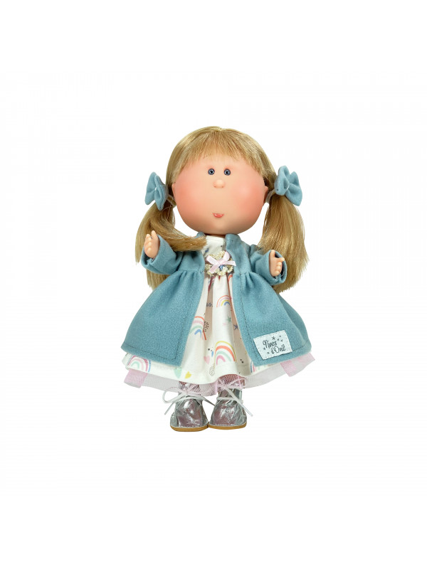 Papusa Nines D'Onil, Mia, cu parul blond si funde albastre, cu articulatii, cu miros de vanilie, 30 cm