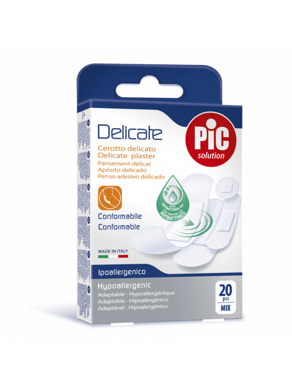 Plasturi piele sensibila PIC SOLUTION DELICATE mix 4 dimensiuni cu solutie antibacteriana 20 buc/cut