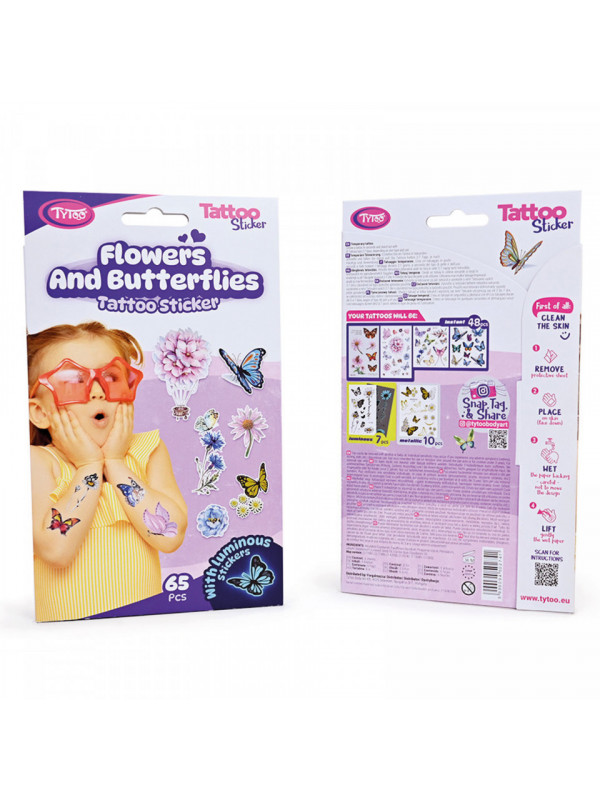 Set autocolante pentru tatuaje: fluturi și flori - 65 buc/pachet