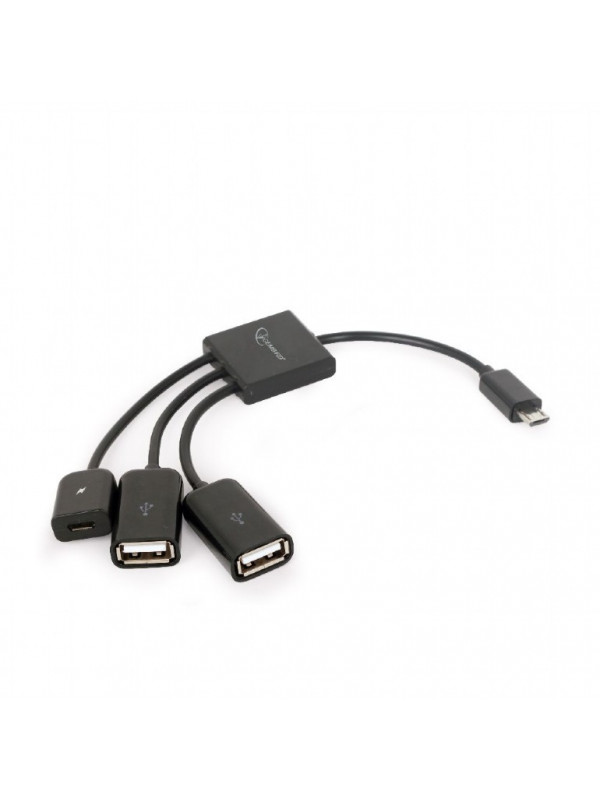 CABLU adaptor OTG GEMBIRD, pt. smartphone, Micro-USB 2.0 (T) la Micro-USB 2.0 (M) + USB 2.0 (M) x 2, 13cm, asigura conectarea telef. la o tastatura, mouse, HUB, stick, etc., negru, "UHB-OTG-02"