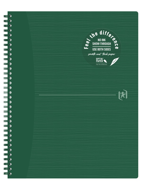 CAIET OXFORD ORIGINS, A4+ 70 FILE, HARTIE OPTIK 90G/MP, SPIRA DUBLA, SCRIBZEE, ECOLABEL, COPERTA PLASTIFIATA FLEXIBILA, MICROPERFORATII, PAGINA INFO PERSONALE, PATRATELE, CULOARE VERDE