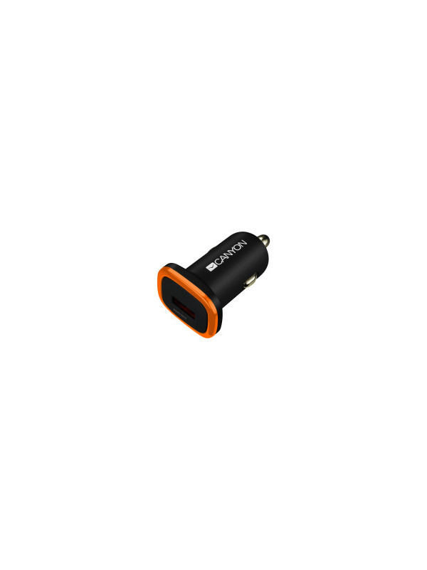 CANYON C-01 Universal 1xUSB car adapter, Input 12V-24V, Output 5V-1A, black rubber coating with orange electroplated ring(without LED backlighting), 51.8*31.2*26.2mm, 0.016kg