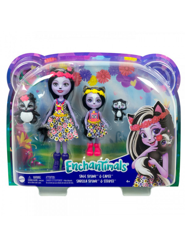 Enchantimals set papusi surori si animalutele lor sage skunk si caper si sabella skunk si striper