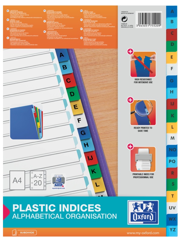 INDEX PLASTIC ALFABETIC OXFORD A4 A-Z, 20 FILE/SET, 11 PERFORATII PENTRU INDOSARIERE, INCLUDE CUPRINS, CULOARE ALB CU MARGINE COLOR