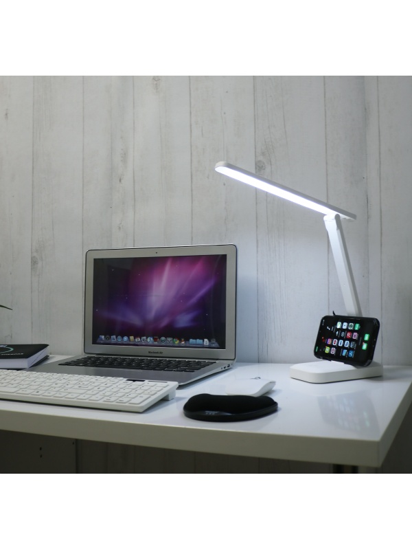 LAMPA UNILUX LED KAPA PORTABILA PENTRU BIROU, DESIGN MODERN SI PRACTIC, BATERIE INCORPORATA, CABLU USB INCLUS, SUPORT TELEFON, COMUTATOR TACTIL 3 NIVELURI, MATERIAL ABS, CULOARE ALBA