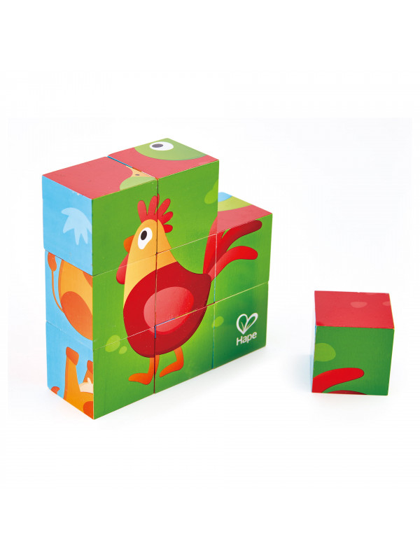 Puzzle din lemn cuburi - Animale de la ferma 3 x 3