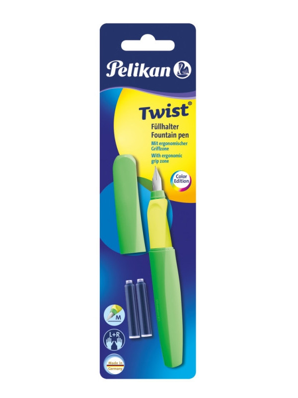 Stilou twist verde neon, cu grip ergonomic, 2 rezerve albastre, blister