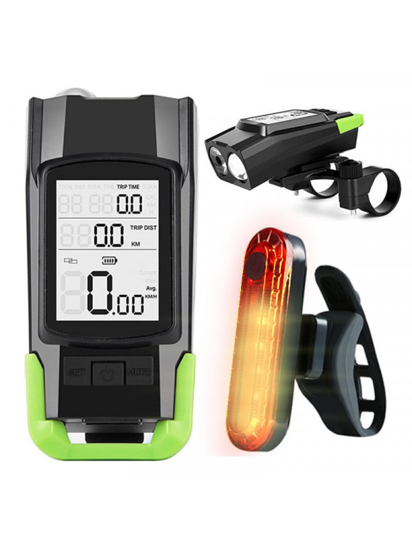 Vitezometru Digital cu lampa Fata + Spate si Claxon, waterproof, pentru bicicleta, model AVX-WT-BK-1718B