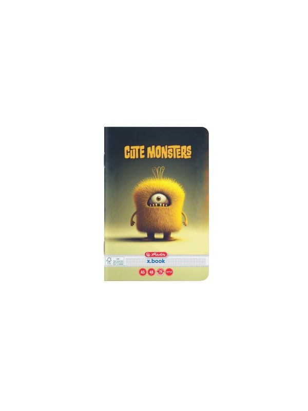 CAIET A5, 48 FILE, 70G/MP, HARTIE FSC MIX, PATRATELE, COLTURI ROTUNJITE, MOTIV CUTE MONSTER
