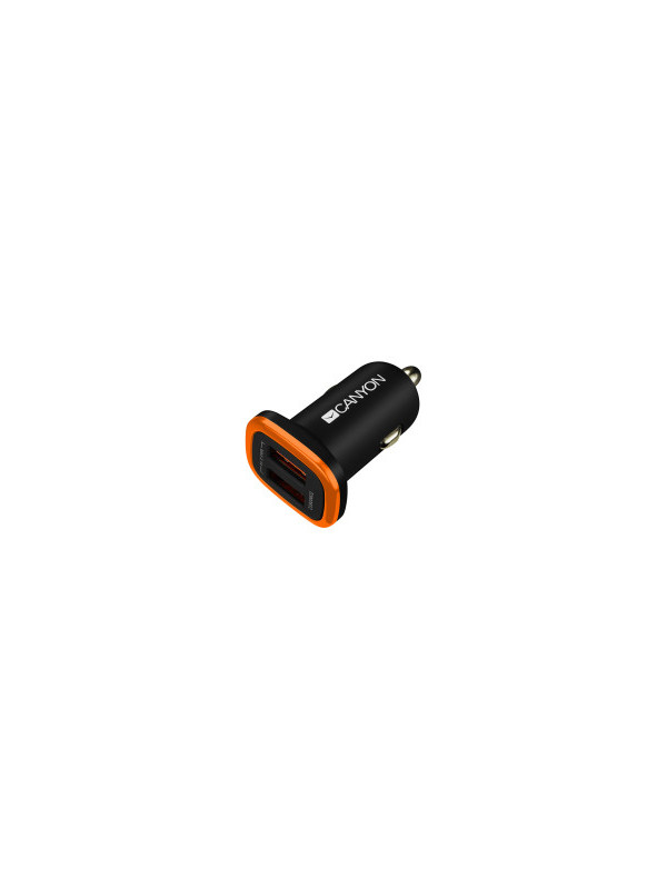 CANYON C-02 Universal 2xUSB car adapter, Input 12V-24V, Output 5V-2.1A, with Smart IC, black rubber coating with orange electroplated ring(without LED backlighting), 51.8*31.2*26.2mm, 0.016kg
