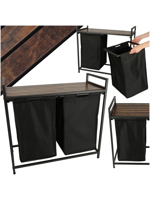 Cos mare de rufe cu doua compartimente, cu raft si blat din lemn, model LOFT, culoare neagra