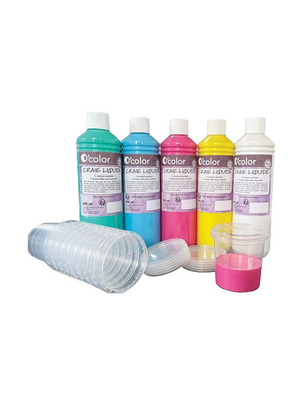 Creta lichida pentru asfalt 5 x 500 ml si 10 recipiente pentru pictura