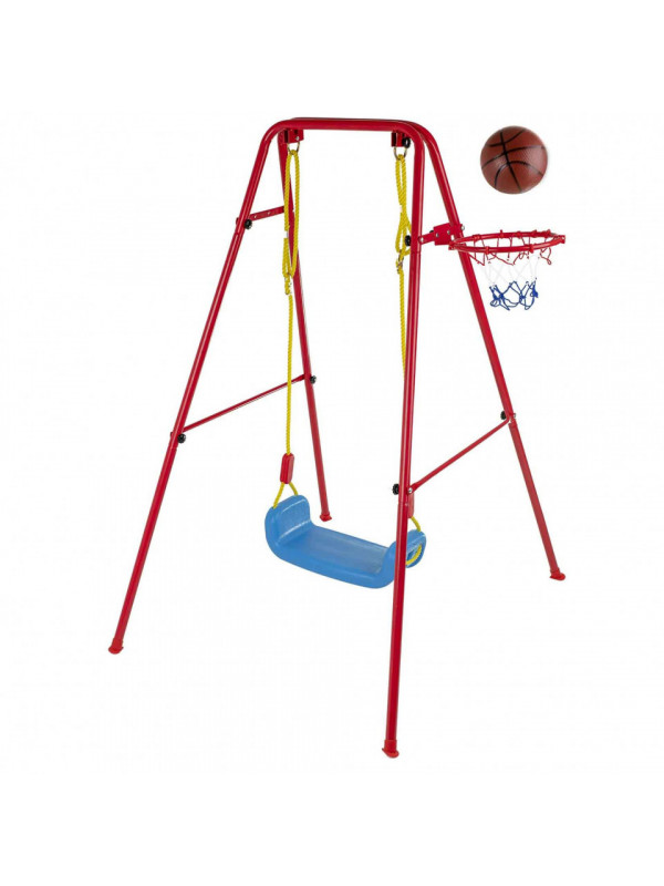 Set de gradina 3in1 pentru copii, Leagan + Cos de Baschet + Minge, cadru metalic, culoare Rosu