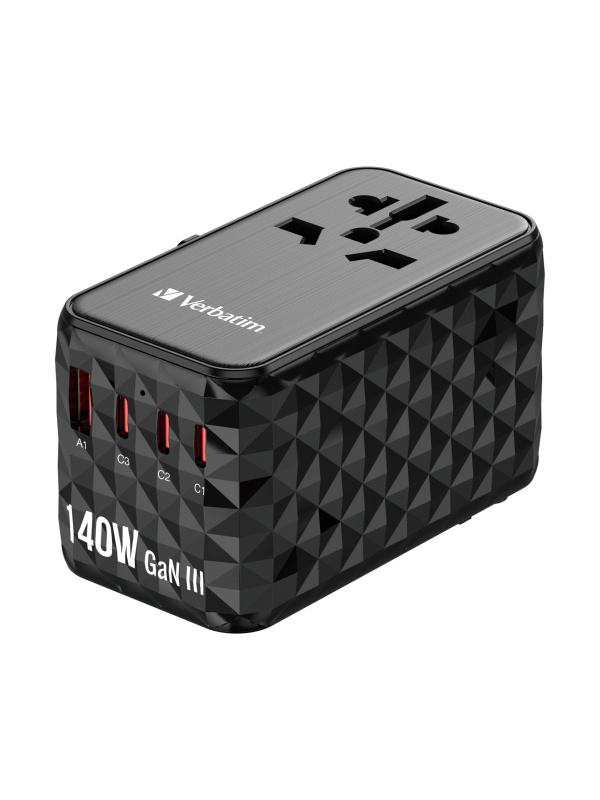 Verbatim UTA-10 GaN III 140W Universal Travel Adapter with 2 x USB-C® PD 3.1 & QC 4+, 1 x USB-C PD 3.0 & 1 x USB-A QC 3.0 ports